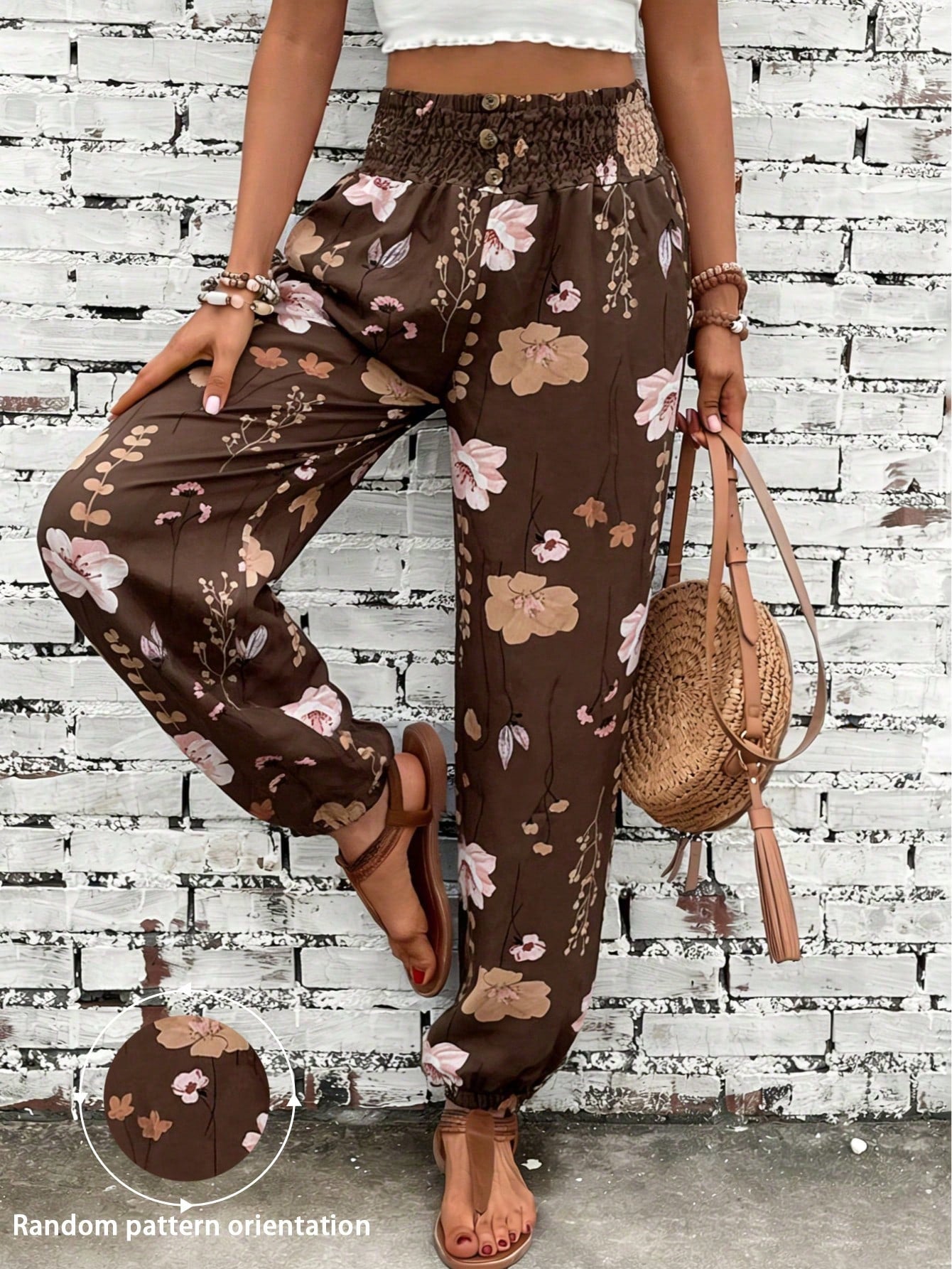 Women's Summer Autumn Casual Elegant Commute Printed Waist Gathered Button Pocket Long Pants, Random Print Direction Vacation