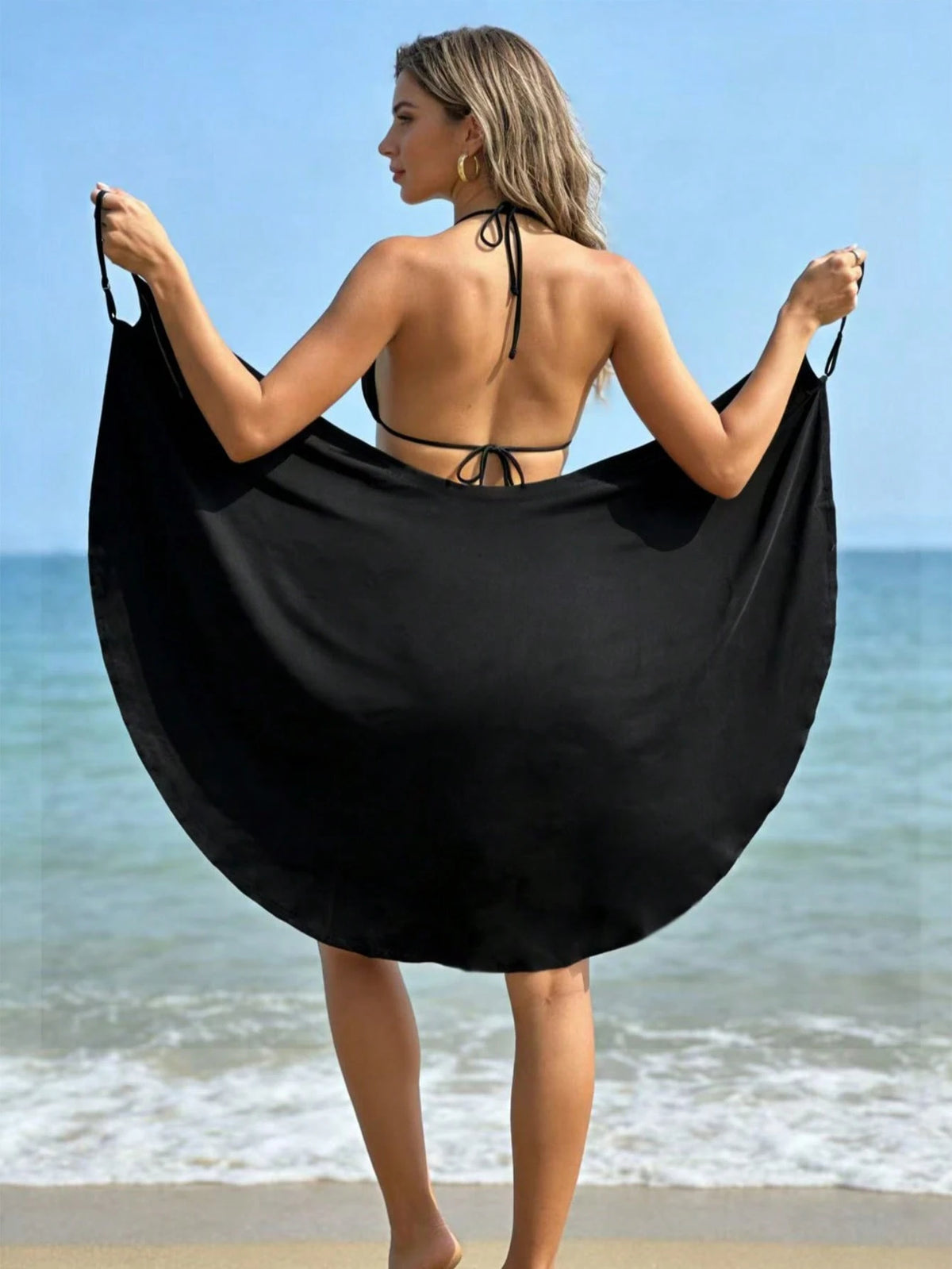 Women's Summer Beach Dress- Black Casual Sleeveless Dress With Adjustable Straps, Polyester And Spandex Blend Fabric, Perfect For Sunbathing And Beach Vacation, Boho Chic