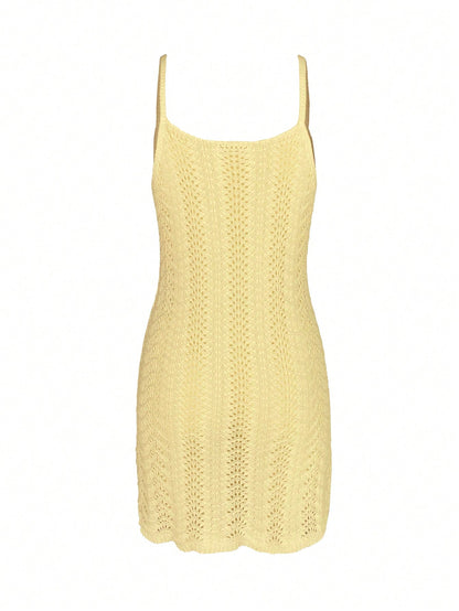Women's Summer Bohemian Ombre Hollow-Out Sexy Sheer Cover-Up Camisole Mini Dress Vacation Beach Yellow