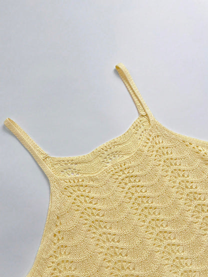 Women's Summer Bohemian Ombre Hollow-Out Sexy Sheer Cover-Up Camisole Mini Dress Vacation Beach Yellow