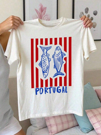 Women's Summer Casual T-Shirt, Y2K Letter & Car Print Round Neck Short Sleeve Crew Neck Tee For Holiday, Vacation, Spring Festival & Graphic Summer