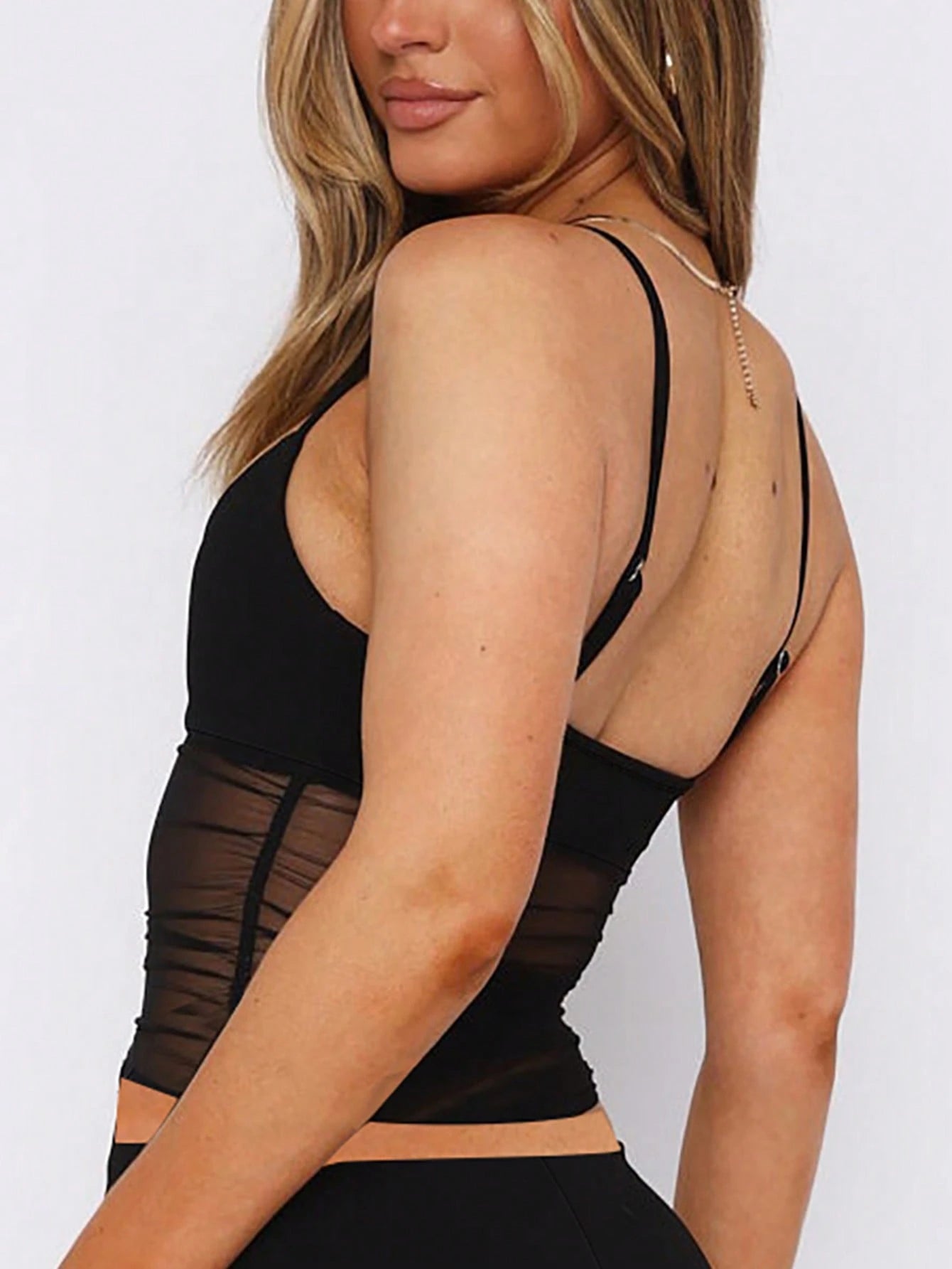Women's Summer Pleated Mesh Patchwork See-Through Camisole Cropped Sexy Tank Top Casual Black