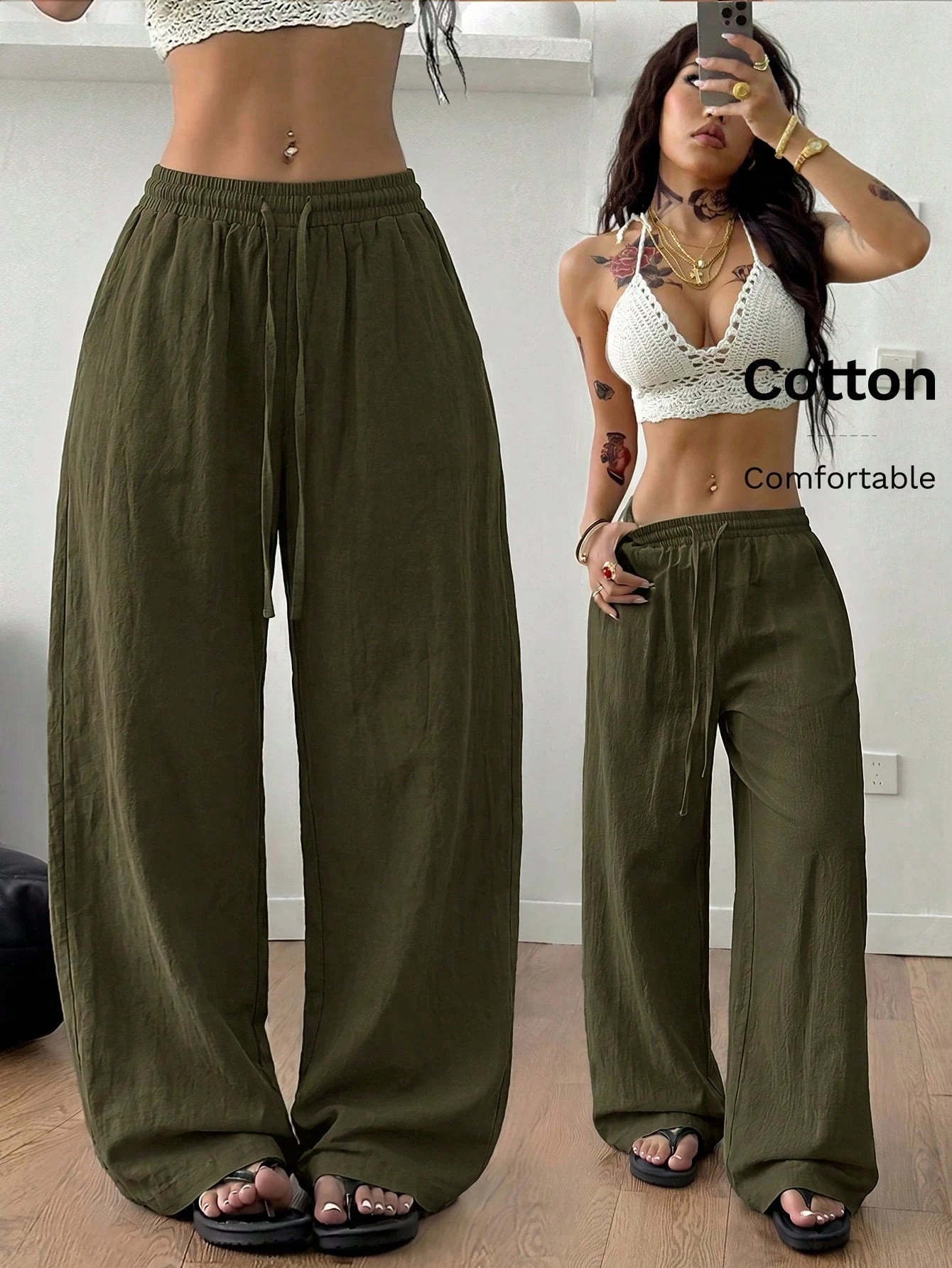 Women's Summer Streetwear Casual Country Concert Going Out Beach Outfits Boho Basic Minimalist Washed 100%Cotton Olive Green Pants Curved Hem Pants