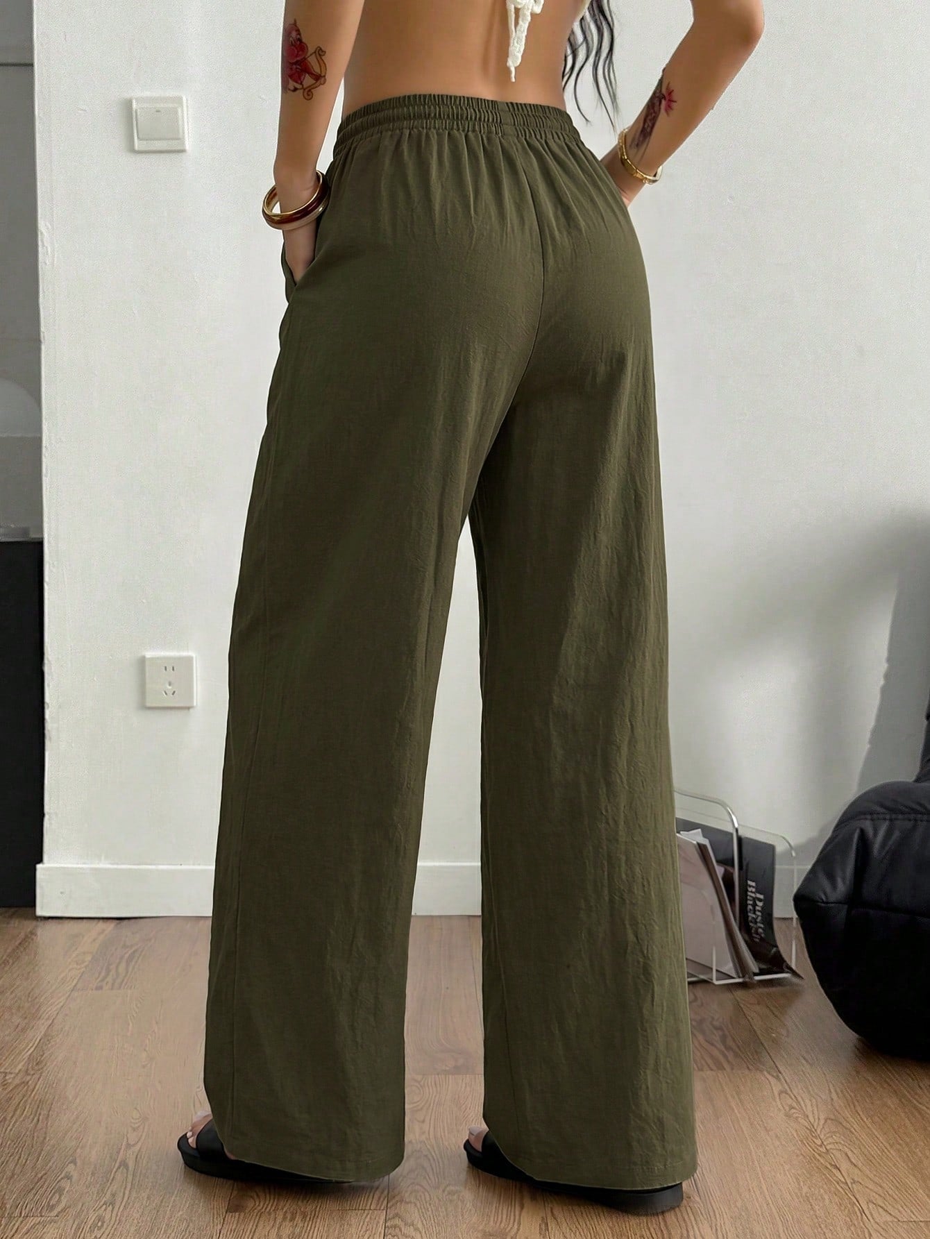 Women's Summer Streetwear Casual Country Concert Going Out Beach Outfits Boho Basic Minimalist Washed 100%Cotton Olive Green Pants Curved Hem Pants