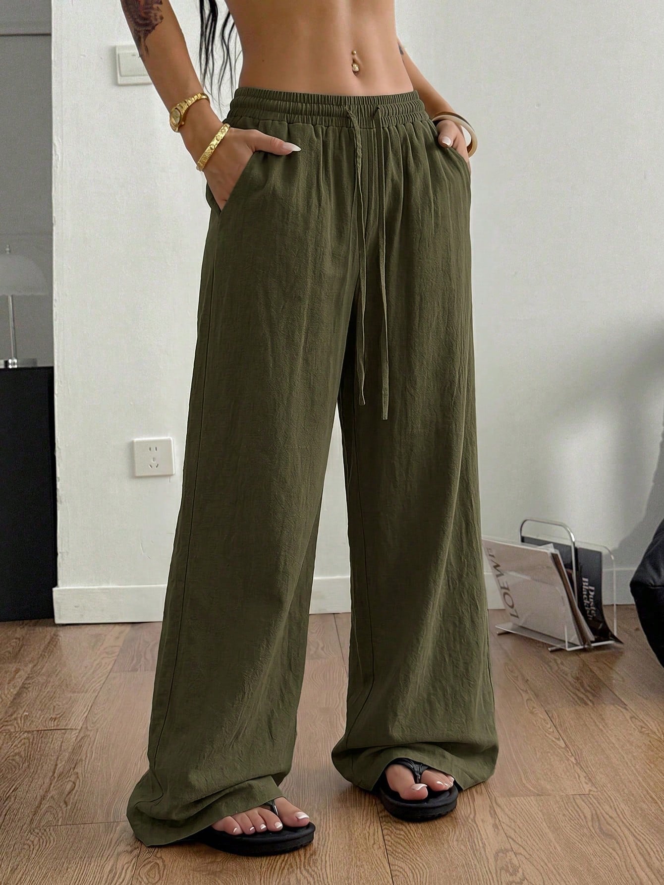 Women's Summer Streetwear Casual Country Concert Going Out Beach Outfits Boho Basic Minimalist Washed 100%Cotton Olive Green Pants Curved Hem Pants