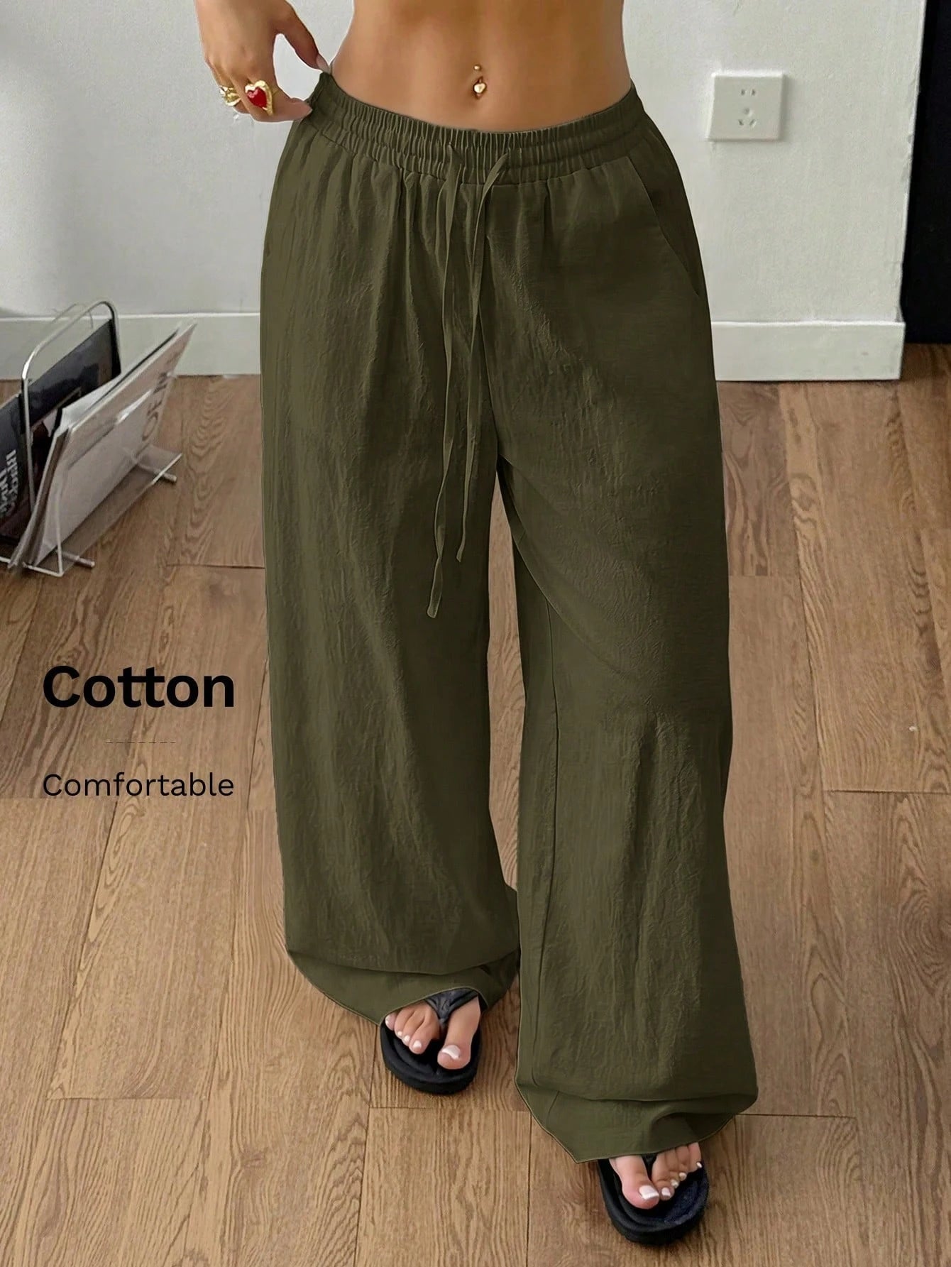 Women's Summer Streetwear Casual Country Concert Going Out Beach Outfits Boho Basic Minimalist Washed 100%Cotton Olive Green Pants Curved Hem Pants