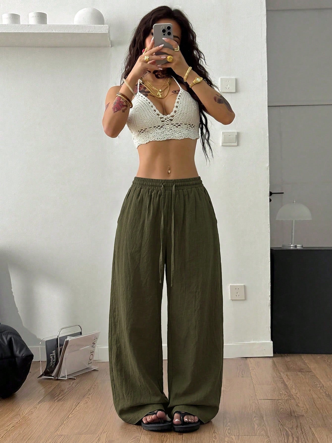 Women's Summer Streetwear Casual Country Concert Going Out Beach Outfits Boho Basic Minimalist Washed 100%Cotton Olive Green Pants Curved Hem Pants