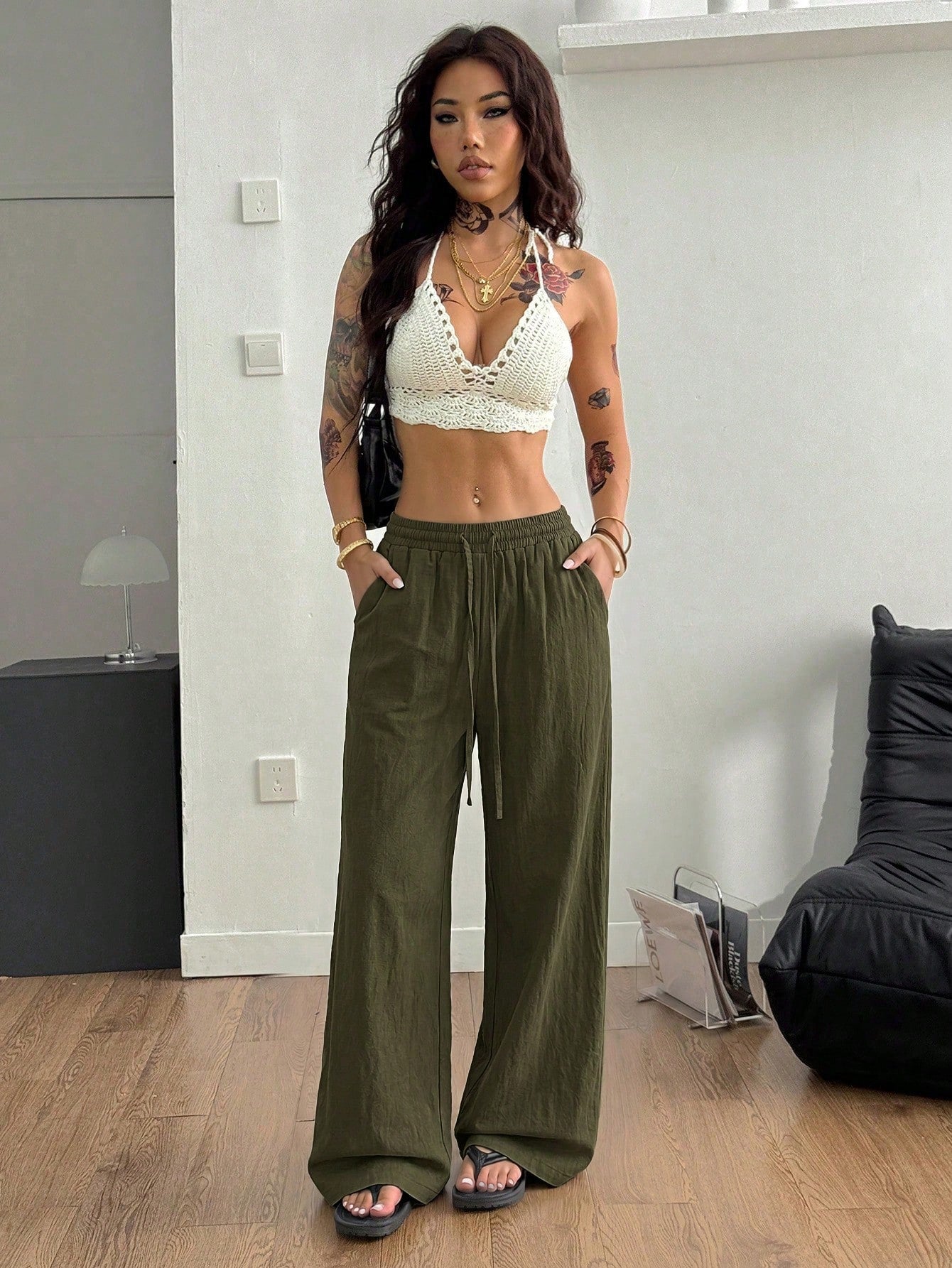 Women's Summer Streetwear Casual Country Concert Going Out Beach Outfits Boho Basic Minimalist Washed 100%Cotton Olive Green Pants Curved Hem Pants