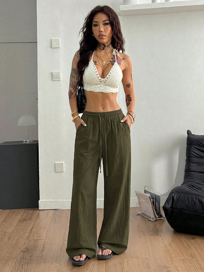 Women's Summer Streetwear Casual Country Concert Going Out Beach Outfits Boho Basic Minimalist Washed 100%Cotton Olive Green Pants Curved Hem Pants
