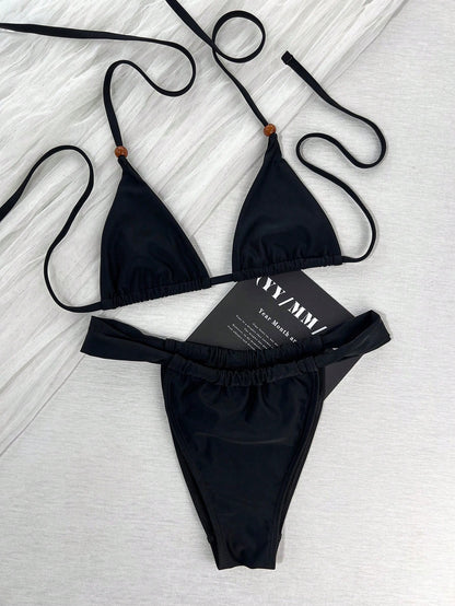 Women's Summer Vacation Retro Sweet Solid Color Thin Strap Side Tie Bikini Set, Casual Vacation Sexy Slim Fit Date Beach Party Outfit