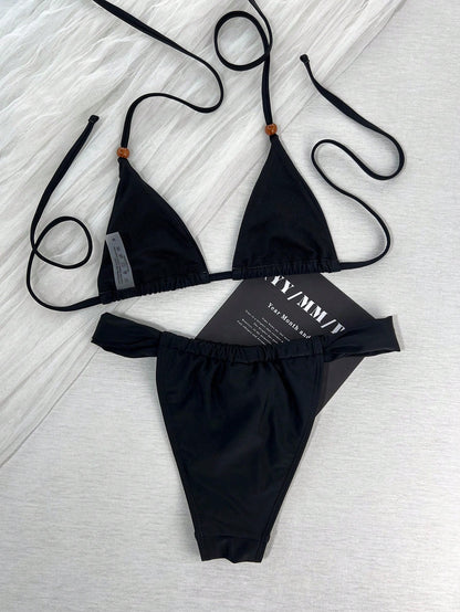 Women's Summer Vacation Retro Sweet Solid Color Thin Strap Side Tie Bikini Set, Casual Vacation Sexy Slim Fit Date Beach Party Outfit