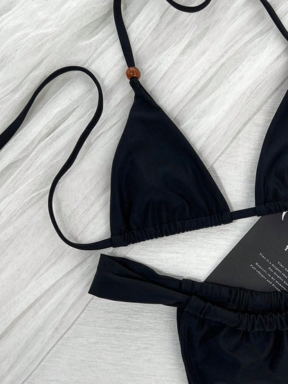 Women's Summer Vacation Retro Sweet Solid Color Thin Strap Side Tie Bikini Set, Casual Vacation Sexy Slim Fit Date Beach Party Outfit