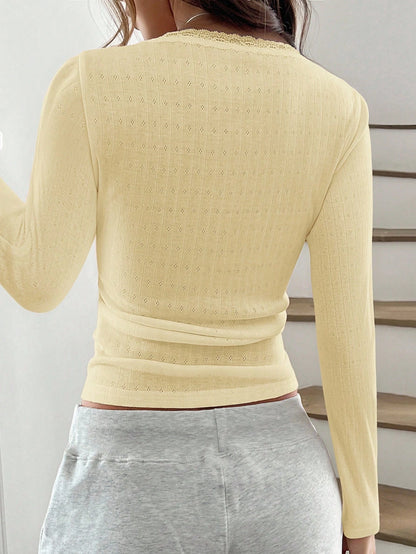 Women's Sweet Lace Trim Long Sleeve T-Shirt,Slim Fit 3-Button Casual Tee Tops,Soft Yellow,Autumn,Date,Butter Yellow Pastel White Summer Fall Cloth