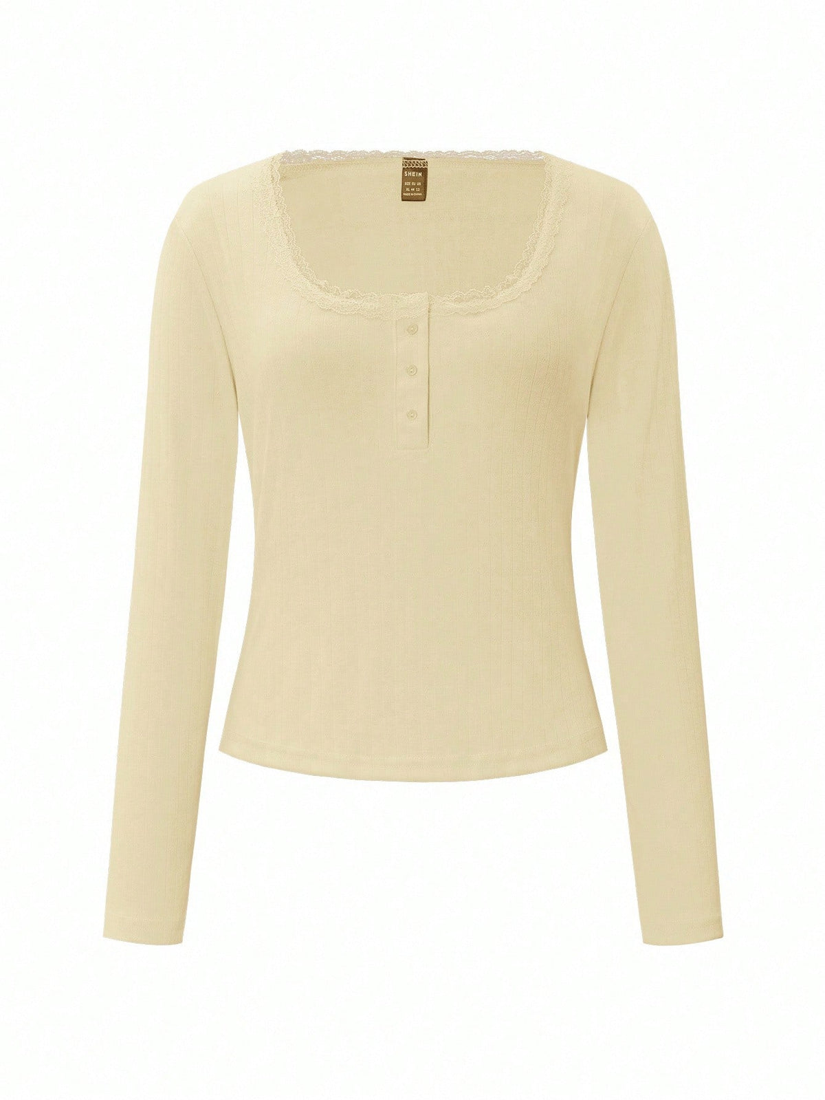 Women's Sweet Lace Trim Long Sleeve T-Shirt,Slim Fit 3-Button Casual Tee Tops,Soft Yellow,Autumn,Date,Butter Yellow Pastel White Summer Fall Cloth