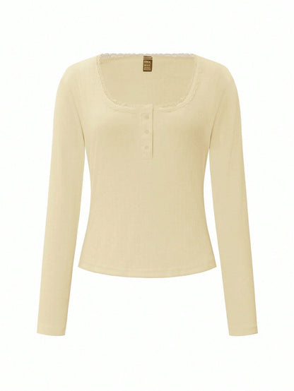 Women's Sweet Lace Trim Long Sleeve T-Shirt,Slim Fit 3-Button Casual Tee Tops,Soft Yellow,Autumn,Date,Butter Yellow Pastel White Summer Fall Cloth