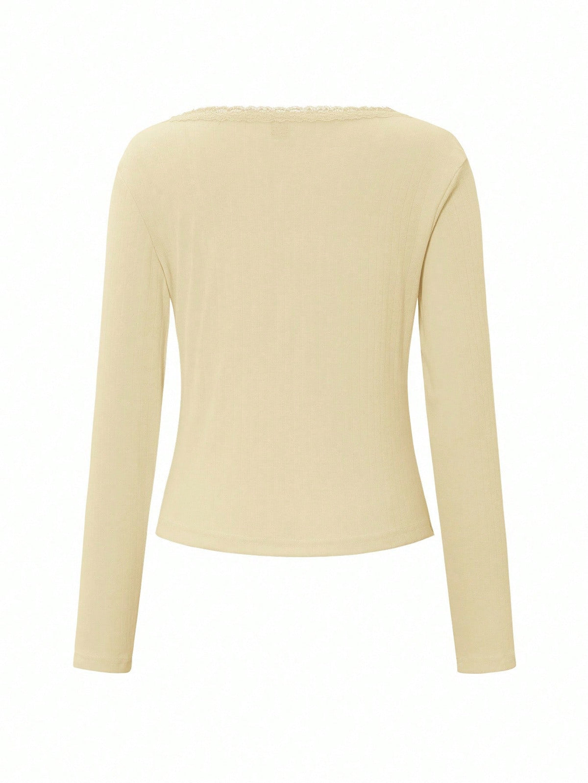 Women's Sweet Lace Trim Long Sleeve T-Shirt,Slim Fit 3-Button Casual Tee Tops,Soft Yellow,Autumn,Date,Butter Yellow Pastel White Summer Fall Cloth