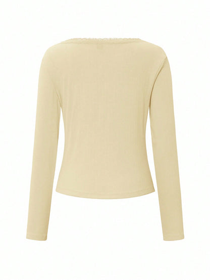 Women's Sweet Lace Trim Long Sleeve T-Shirt,Slim Fit 3-Button Casual Tee Tops,Soft Yellow,Autumn,Date,Butter Yellow Pastel White Summer Fall Cloth