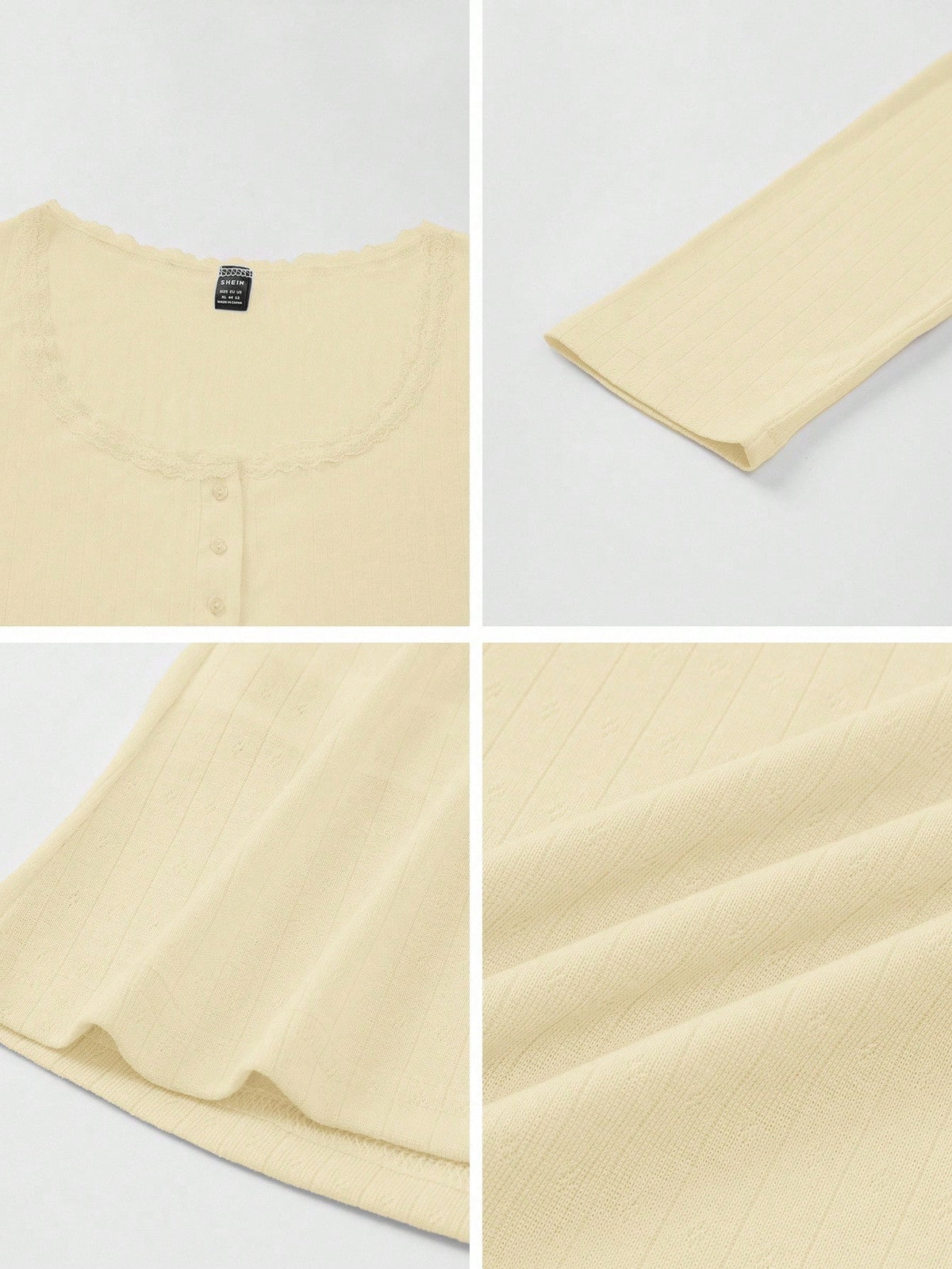 Women's Sweet Lace Trim Long Sleeve T-Shirt,Slim Fit 3-Button Casual Tee Tops,Soft Yellow,Autumn,Date,Butter Yellow Pastel White Summer Fall Cloth