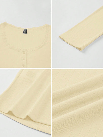 Women's Sweet Lace Trim Long Sleeve T-Shirt,Slim Fit 3-Button Casual Tee Tops,Soft Yellow,Autumn,Date,Butter Yellow Pastel White Summer Fall Cloth