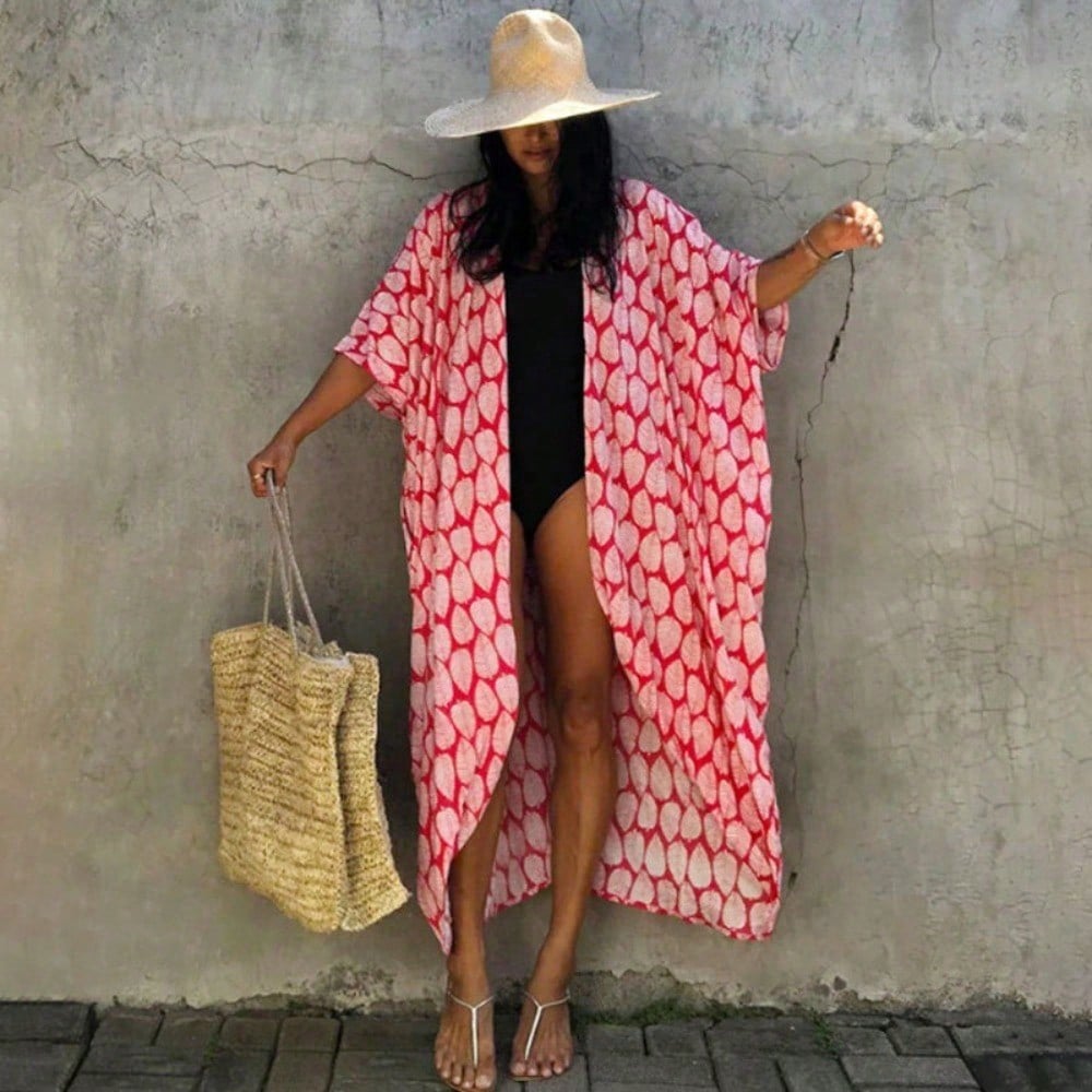 Women's Tie Dye & Leopard Print Kimono Cover Up, Loose Open Front Long Beach Cardigan, Casual Swimsuit Coverups For Summer