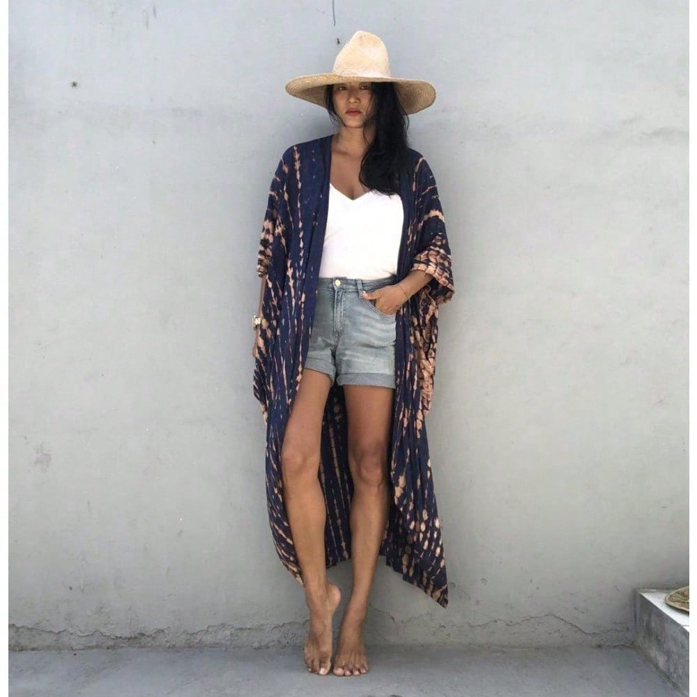 Women's Tie Dye & Leopard Print Kimono Cover Up, Loose Open Front Long Beach Cardigan, Casual Swimsuit Coverups For Summer