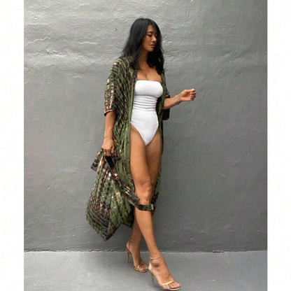 Women's Tie Dye & Leopard Print Kimono Cover Up, Loose Open Front Long Beach Cardigan, Casual Swimsuit Coverups For Summer