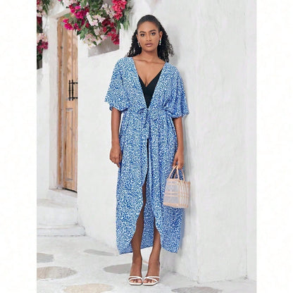 Women's Tie Dye & Leopard Print Kimono Cover Up, Loose Open Front Long Beach Cardigan, Casual Swimsuit Coverups For Summer