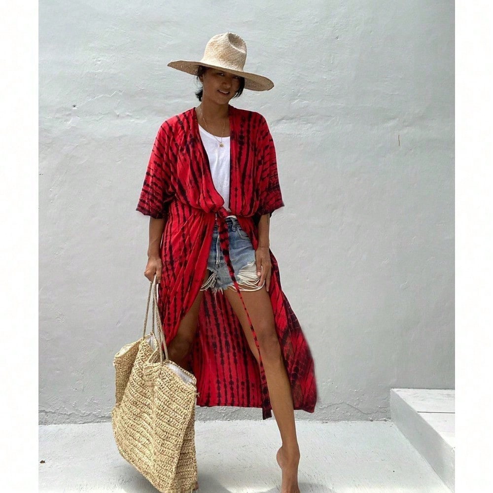 Women's Tie Dye & Leopard Print Kimono Cover Up, Loose Open Front Long Beach Cardigan, Casual Swimsuit Coverups For Summer