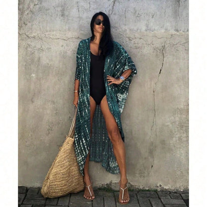 Women's Tie Dye & Leopard Print Kimono Cover Up, Loose Open Front Long Beach Cardigan, Casual Swimsuit Coverups For Summer