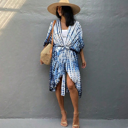 Women's Tie Dye & Leopard Print Kimono Cover Up, Loose Open Front Long Beach Cardigan, Casual Swimsuit Coverups For Summer