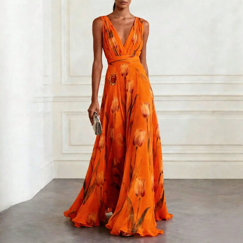 Women's Tulip Print Sleeveless V Neck Maxi Dress, Elegant Evening Gown, Summer Party Dress