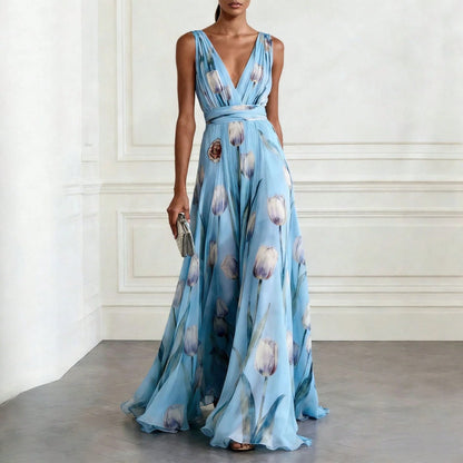 Women's Tulip Print Sleeveless V Neck Maxi Dress, Elegant Evening Gown, Summer Party Dress