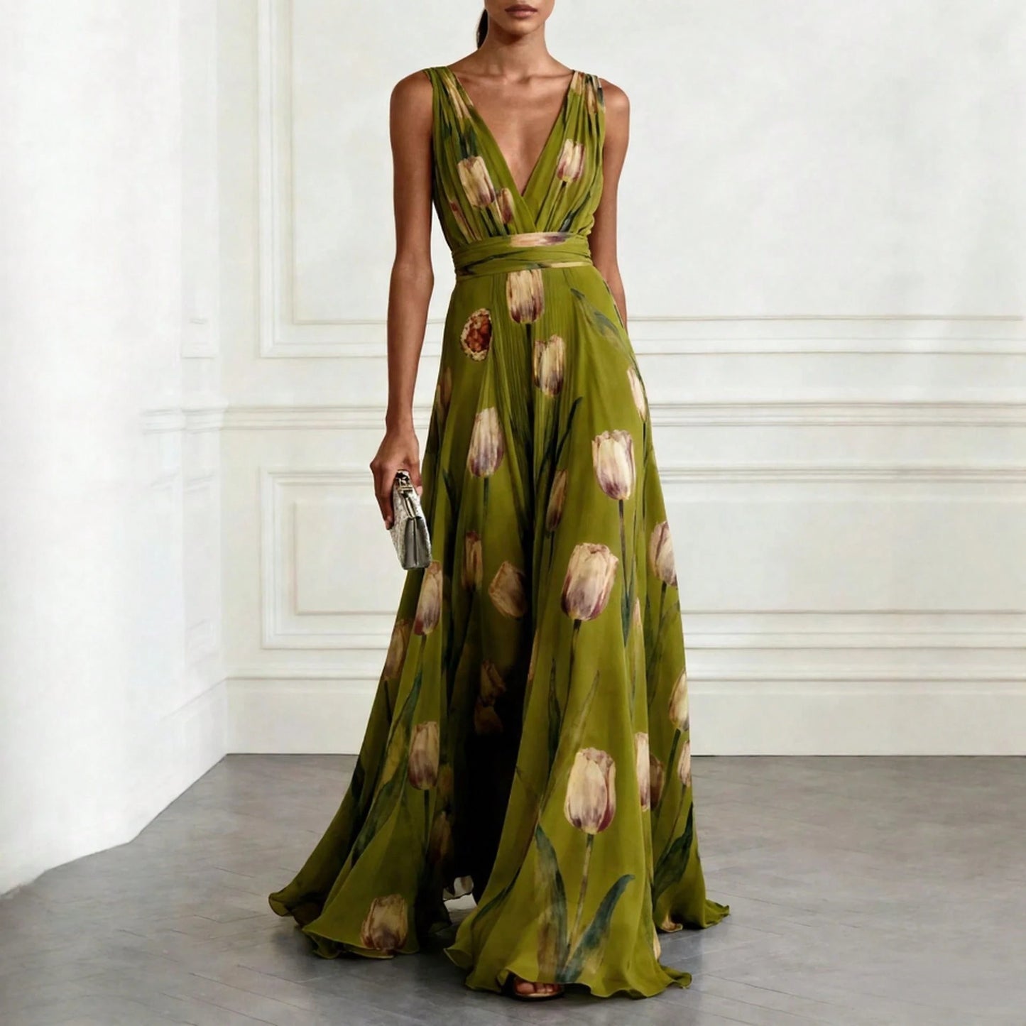 Women's Tulip Print Sleeveless V Neck Maxi Dress, Elegant Evening Gown, Summer Party Dress