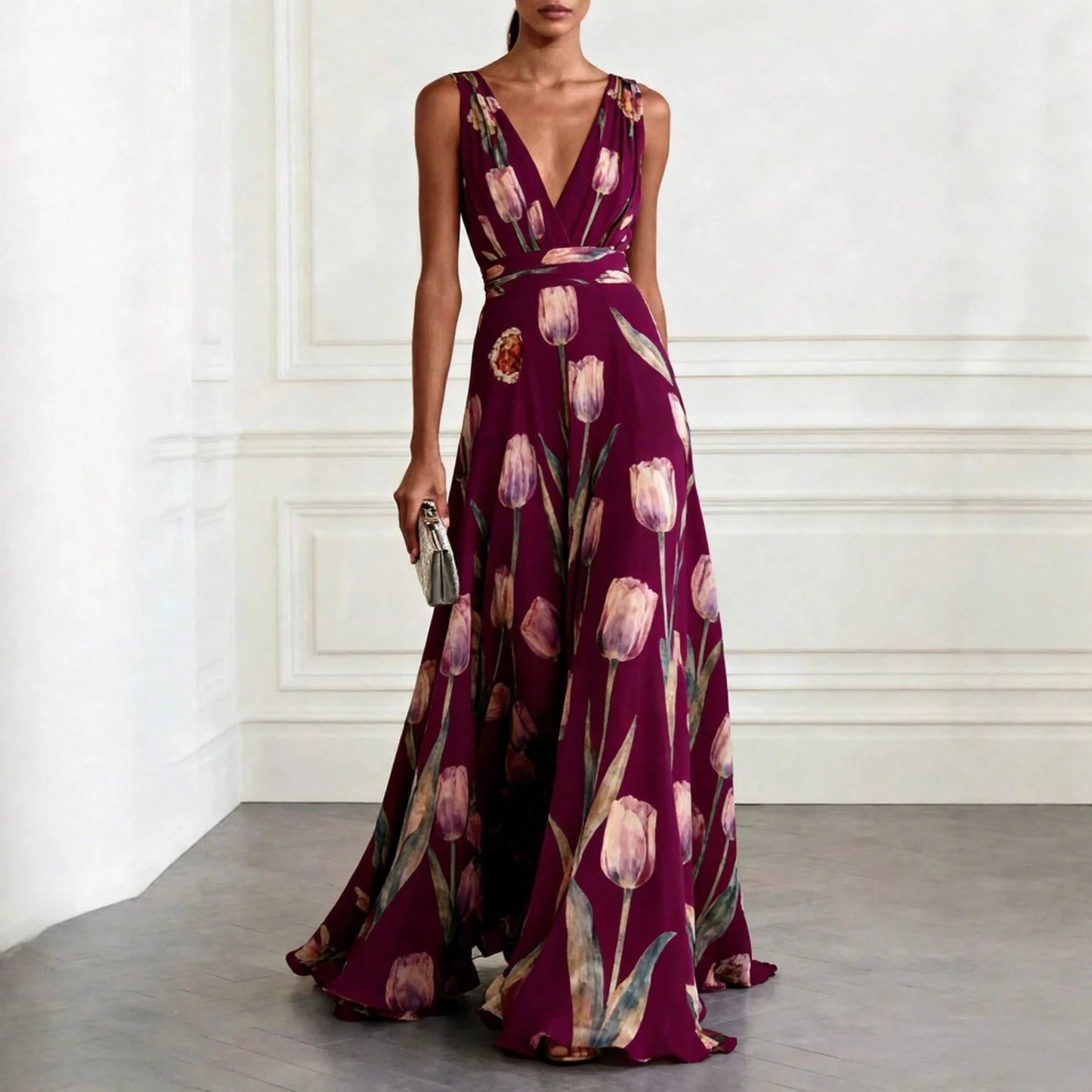 Women's Tulip Print Sleeveless V Neck Maxi Dress, Elegant Evening Gown, Summer Party Dress