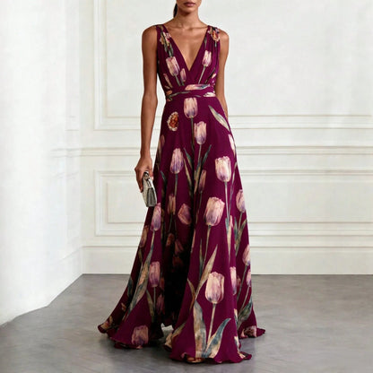Women's Tulip Print Sleeveless V Neck Maxi Dress, Elegant Evening Gown, Summer Party Dress