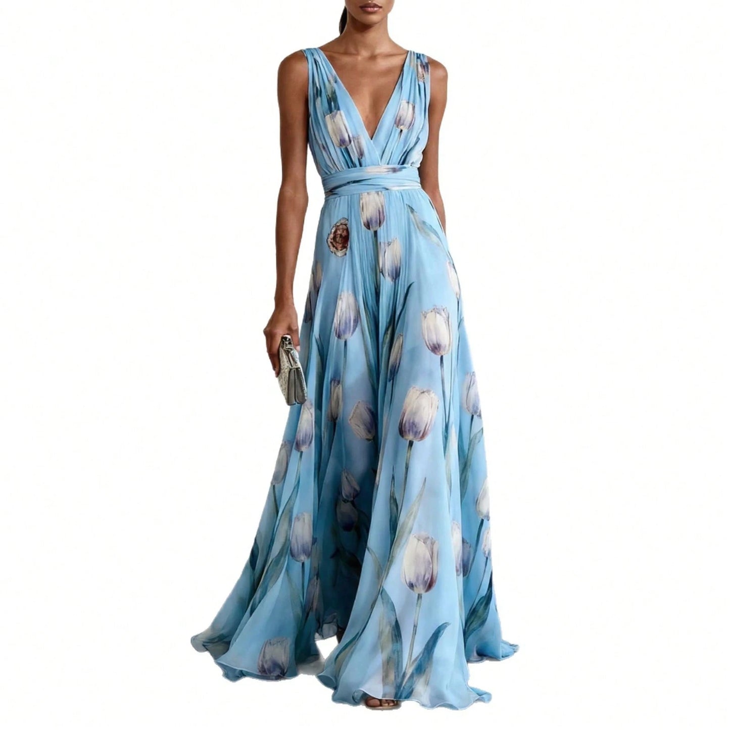 Women's Tulip Print Sleeveless V Neck Maxi Dress, Elegant Evening Gown, Summer Party Dress