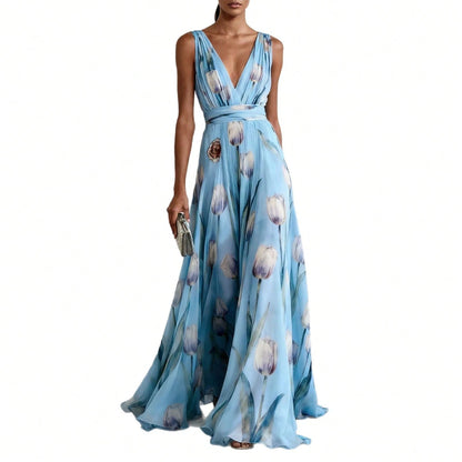 Women's Tulip Print Sleeveless V Neck Maxi Dress, Elegant Evening Gown, Summer Party Dress