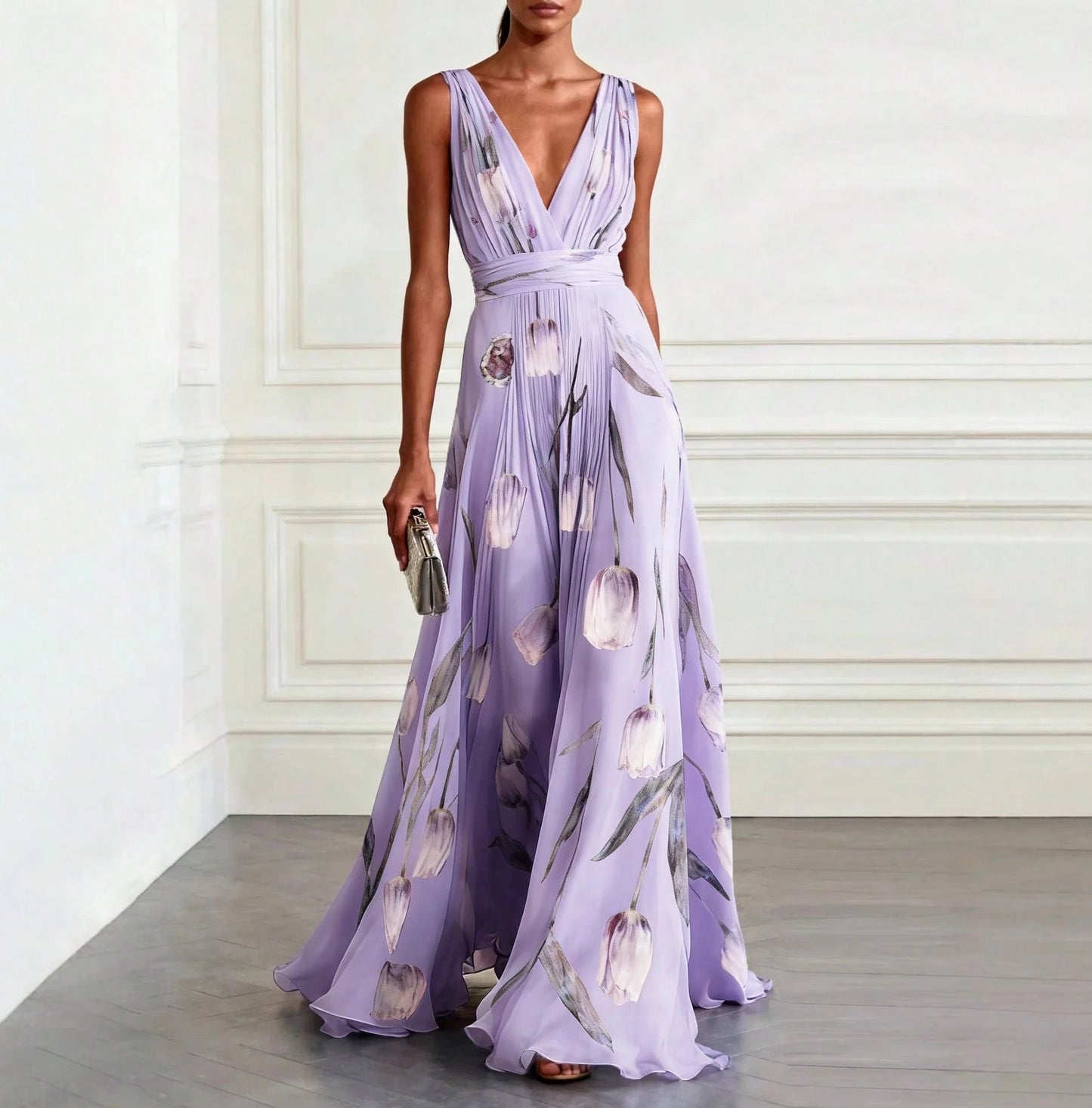 Women's Tulip Print Sleeveless V Neck Maxi Dress, Elegant Evening Gown, Summer Party Dress