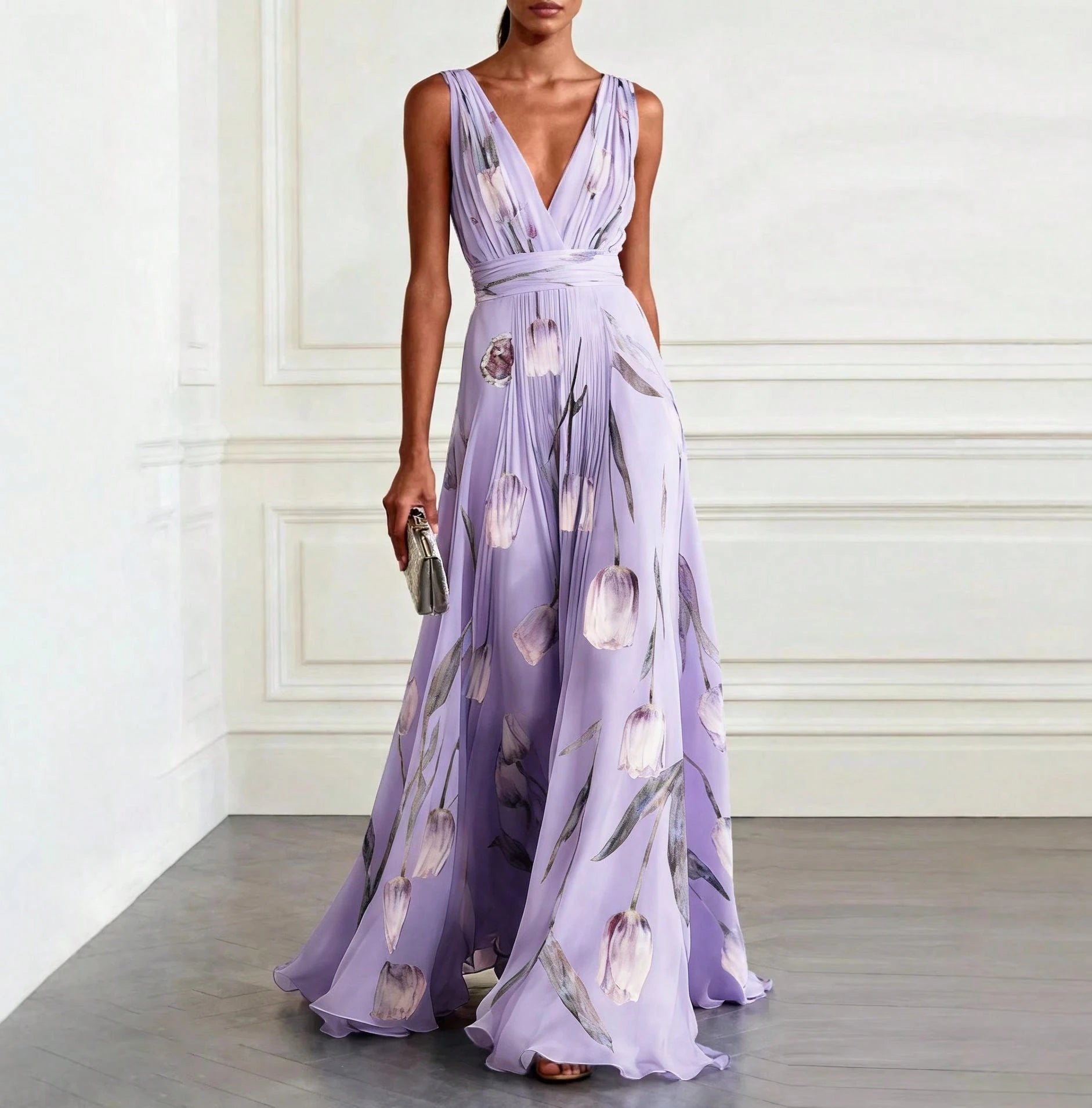 Women's Tulip Print Sleeveless V Neck Maxi Dress, Elegant Evening Gown, Summer Party Dress