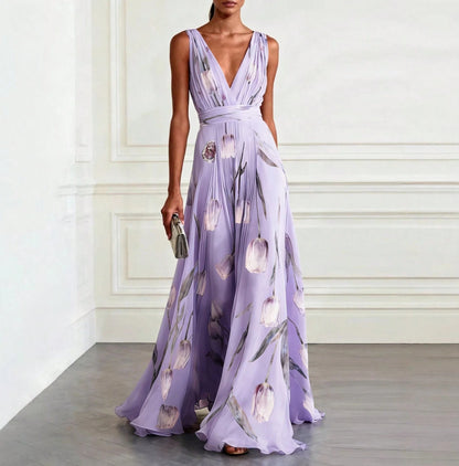 Women's Tulip Print Sleeveless V Neck Maxi Dress, Elegant Evening Gown, Summer Party Dress