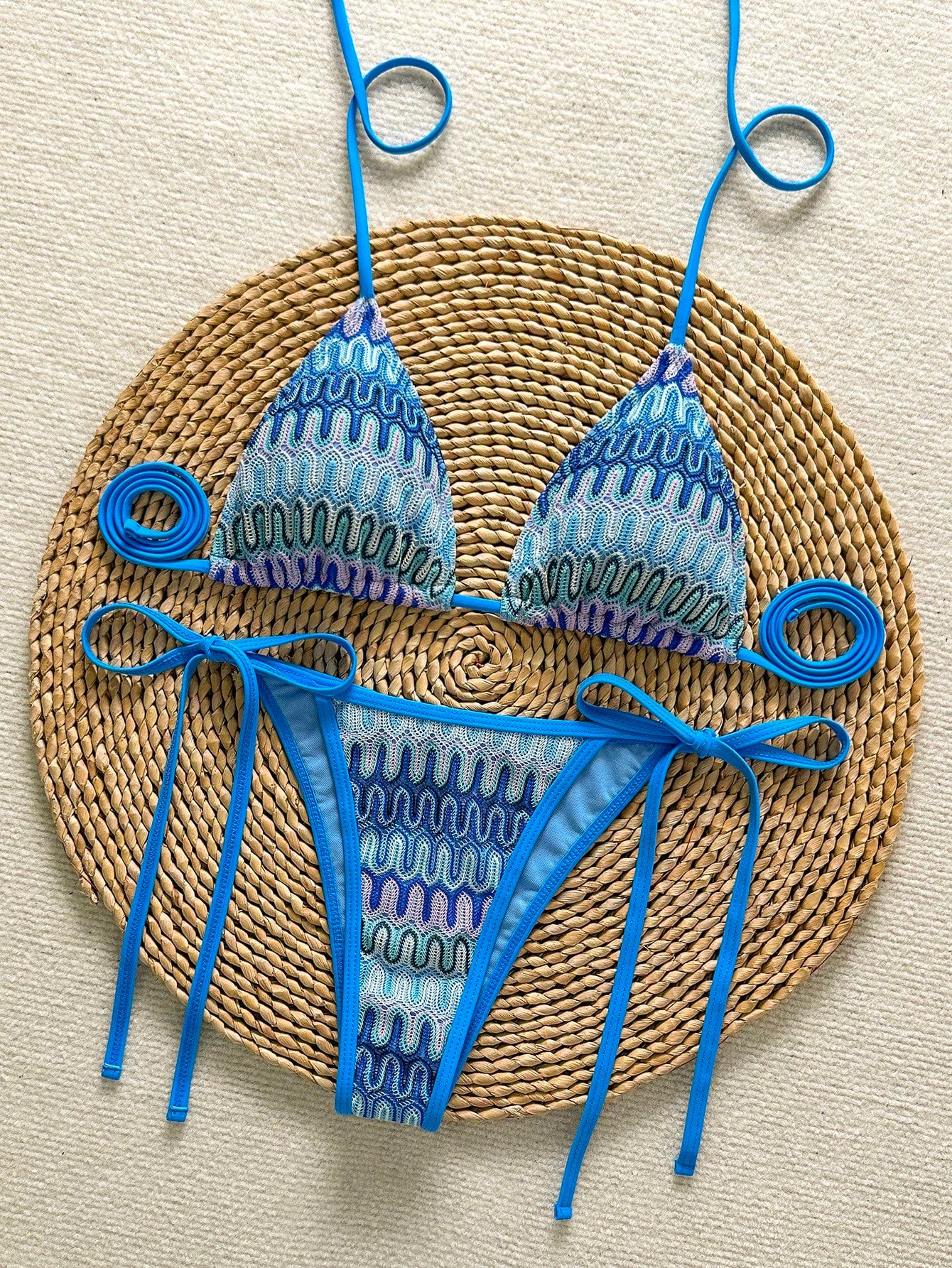 Women's Unique Textured Fabric Bikini 2 Pieces Swimwear, Cute Spaghetti Strap Backless Design Vacation Beach Summer