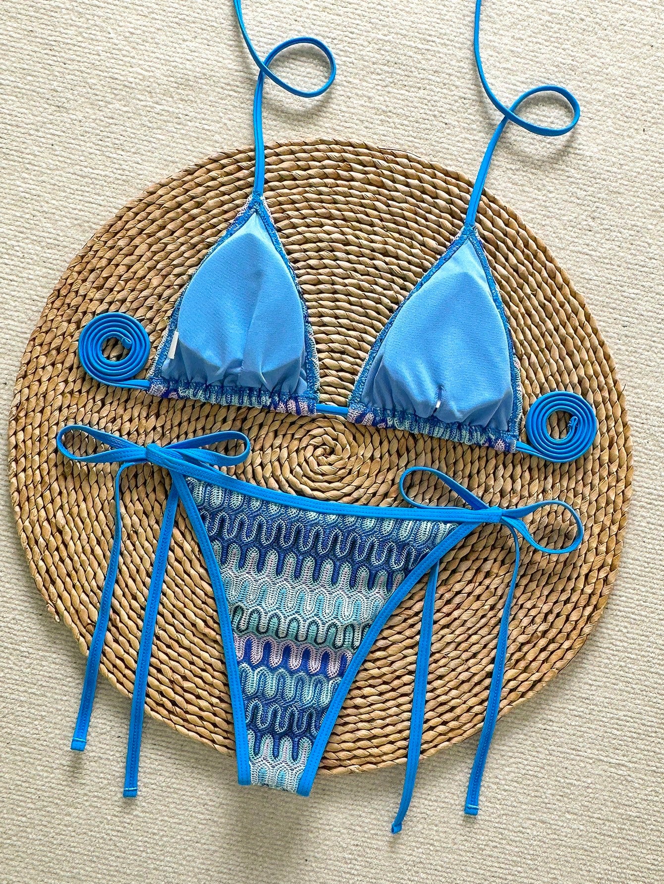 Women's Unique Textured Fabric Bikini 2 Pieces Swimwear, Cute Spaghetti Strap Backless Design Vacation Beach Summer