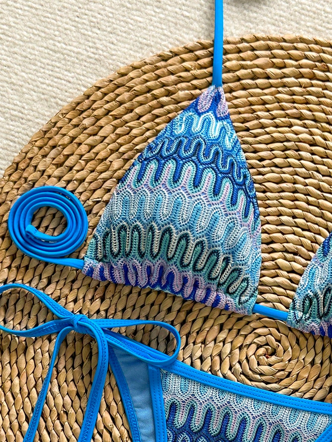 Women's Unique Textured Fabric Bikini 2 Pieces Swimwear, Cute Spaghetti Strap Backless Design Vacation Beach Summer