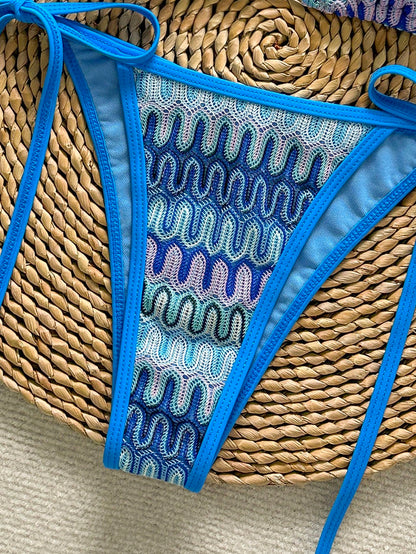Women's Unique Textured Fabric Bikini 2 Pieces Swimwear, Cute Spaghetti Strap Backless Design Vacation Beach Summer