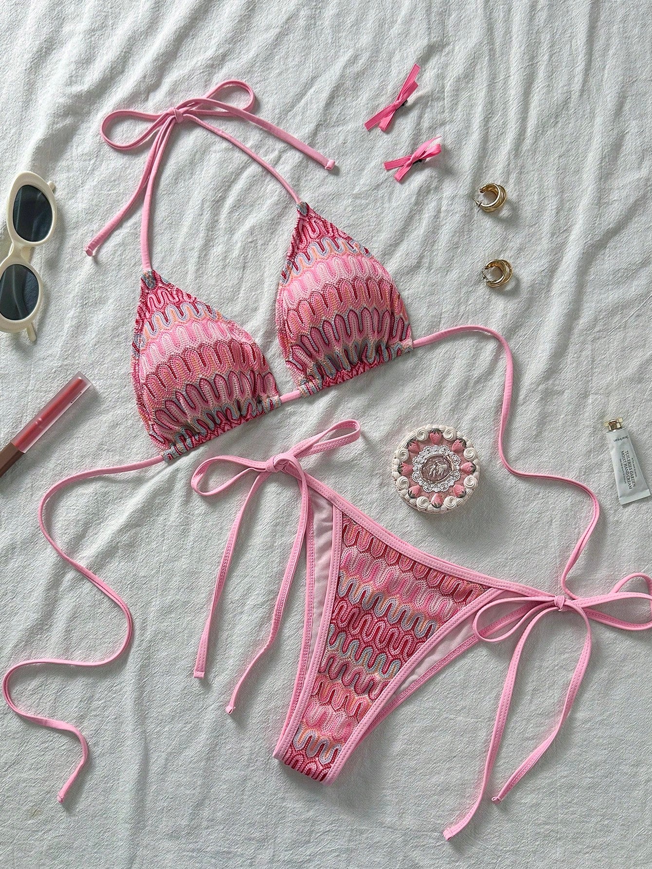 Women's Unique Textured Fabric Bikini 2 Pieces Swimwear, Cute Spaghetti Strap Backless Design Vacation Beach Summer