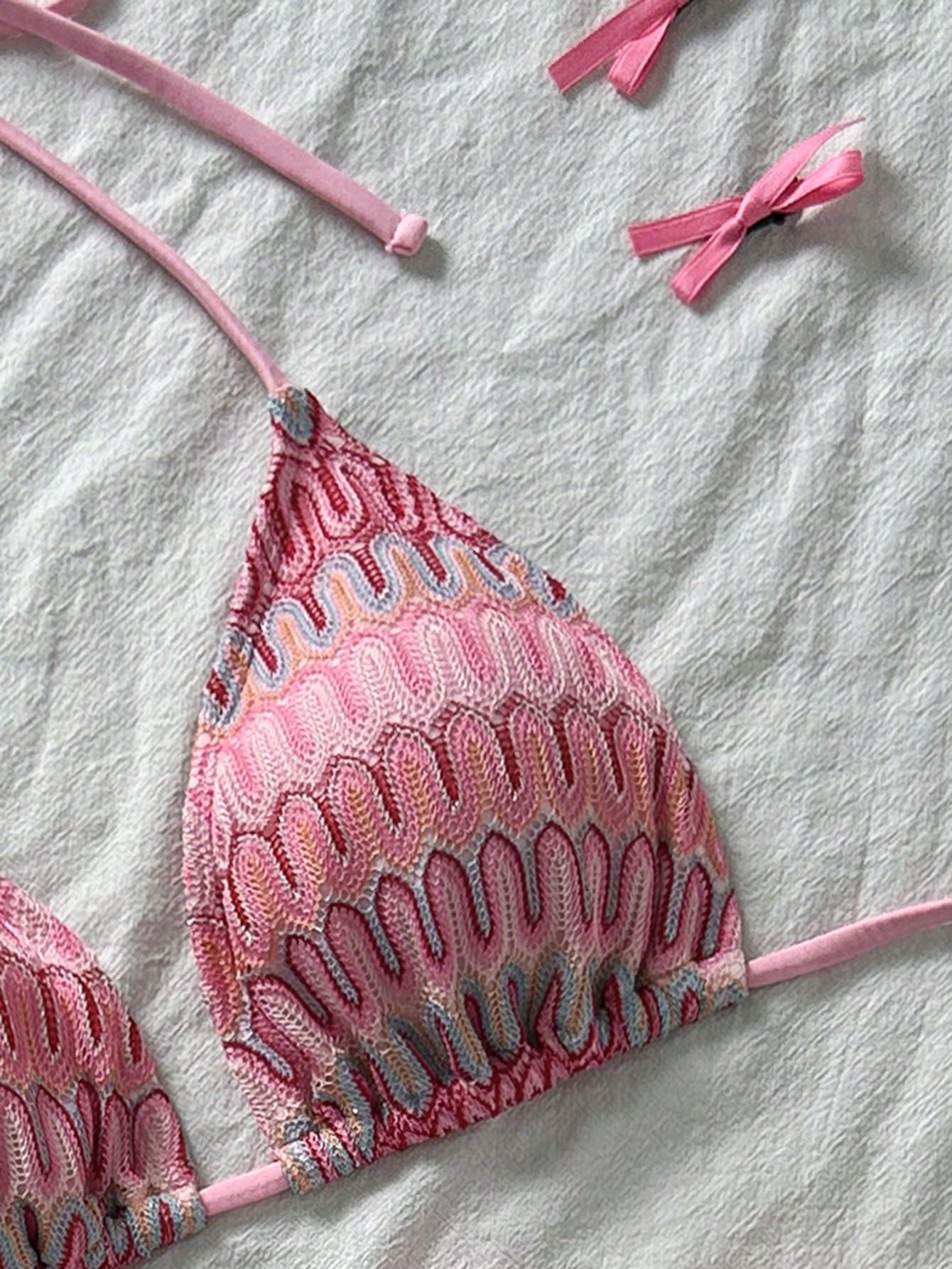 Women's Unique Textured Fabric Bikini 2 Pieces Swimwear, Cute Spaghetti Strap Backless Design Vacation Beach Summer