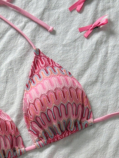 Women's Unique Textured Fabric Bikini 2 Pieces Swimwear, Cute Spaghetti Strap Backless Design Vacation Beach Summer
