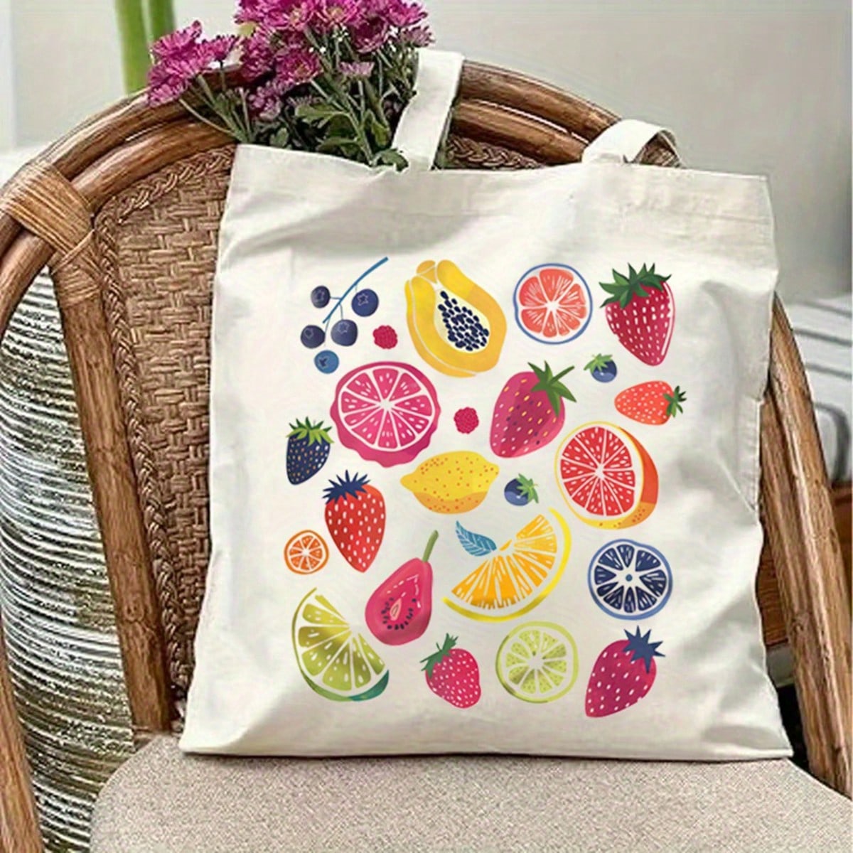 Women's & Unisex Tropical Fruit Tote Bag- Cute Strawberry, Grape, Lemon, Orange, Grapefruit, Lightweight Polyester Carryall For Beach, Grocery, Everyday Use- Spacious Rectangular Handbag With Fruit