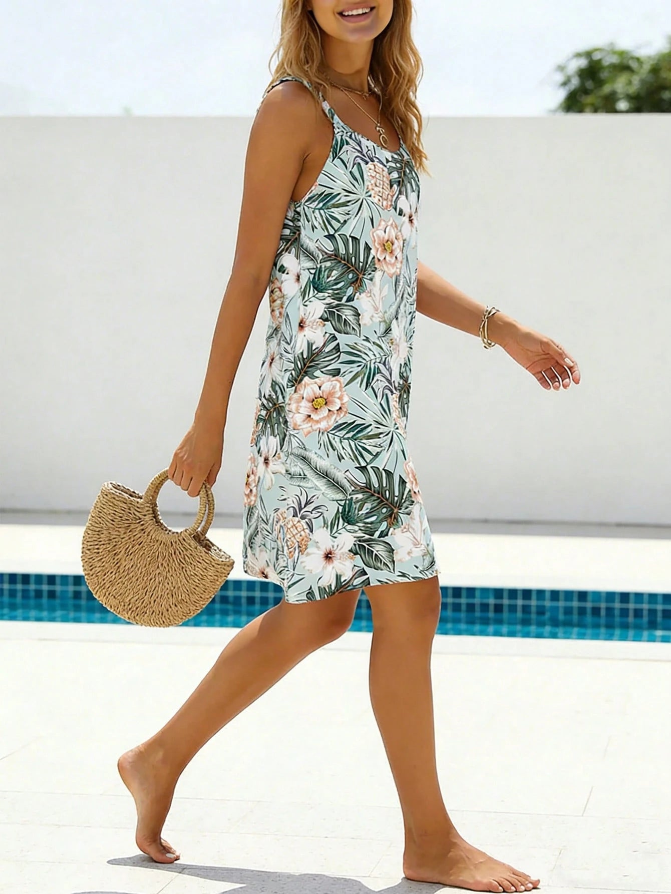 Women's Vacation Casual Spaghetti Strap Short Dress With Unique Sea Turtle And Floral Print Pattern Summer Elegant