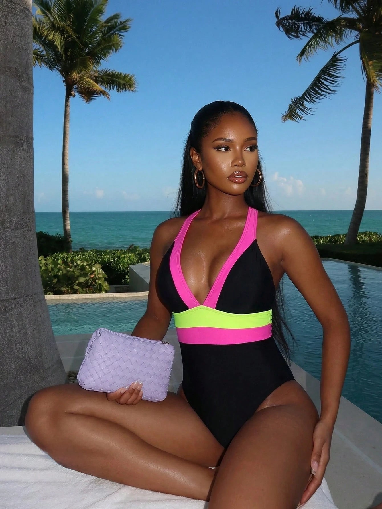 Women's Vacation Contrast Color Deep V Sexy Halter One-Piece Swimsuit For Summer